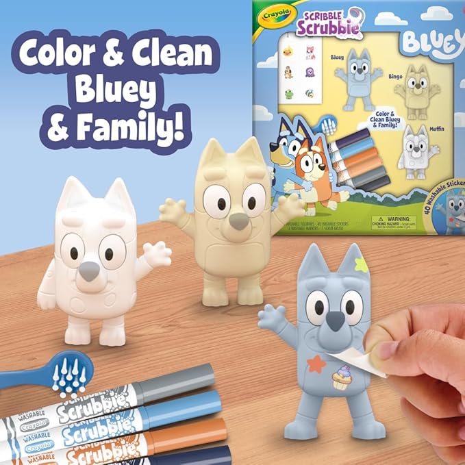 Crayola Scribble Scrubbies Deluxe Bluey Playset (3ct), Toddler Arts & Crafts Kit, Washable Stickers, Bluey Toys, Gift for Girls & Boys, Ages 3+