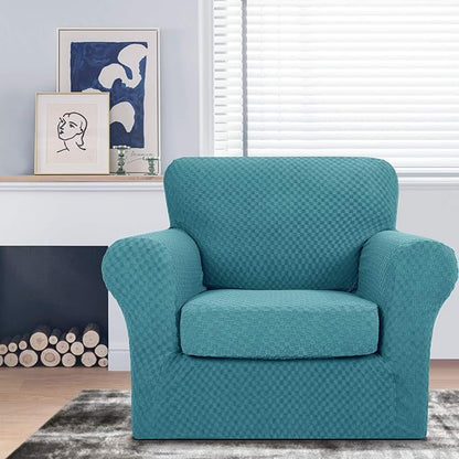 MAXIJIN 2 Piece Jacquard Chair Covers with Arms Super Stretch Non Slip Chair Slipcover for Living Room Dogs Pet Friendly Elastic Sofa Couch Protector Armchair Cover (Chair, Peacock Blue)