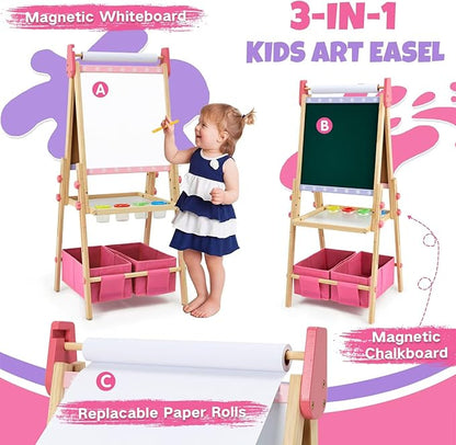 Kids Easel Including 100+ Accessories, Dual-Sided Wooden Easel for Kids Girls Age 3-12 with Magnetic Chalk & Painting Board, Free Height Adjustable Art Easel Supplies for Toddlers (Pink)