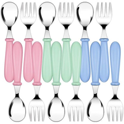 Honeydak 12 Pieces Toddler Utensils Kids Fork and Spoon Silverware Set colored Stainless Steel Safe Flatware Round Handle Utensils Baby Cutlery metal Children Home Restaurant Kitchen Dishwasher Safe