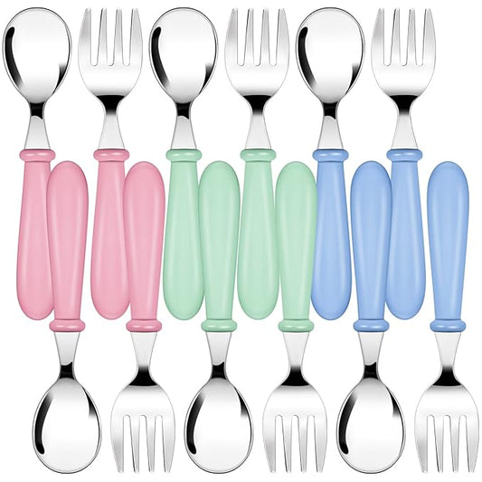 Honeydak 12 Pieces Toddler Utensils Kids Fork and Spoon Silverware Set colored Stainless Steel Safe Flatware Round Handle Utensils Baby Cutlery metal Children Home Restaurant Kitchen Dishwasher Safe