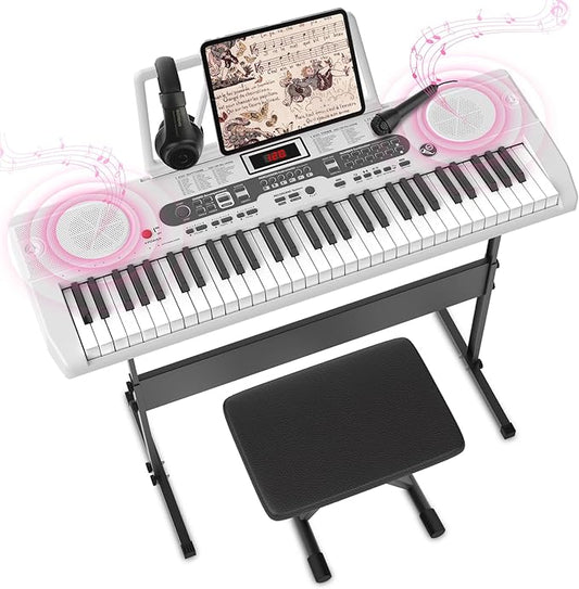 Fenbeli Piano Keyboard for Beginner, 61 Key Electric Keyboard Piano with Keyboard Stand, Piano Bench, Microphone, Headphone, Sheet Music Stand, LED Screen, Dual-Speakers, Teaching Modes (White)