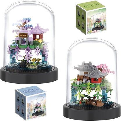 Cherry Blossom Tree House Building Block Sets with Acrylic Display Box Chinese Architecture of Peach Blossom Bonsai Treehouse Micro Mini Building Set Toy Gift for Kids Adults（2 Boxes）