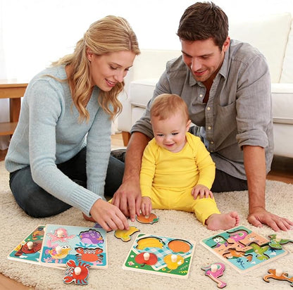 Wooden Toddler Puzzles - 4 Pcs Eco-Friendly Animal Patterns Jigsaw With Handles - Infant Kid Fine Motor Skill Learning Educational Montessori Toys for 1-3 Years Old