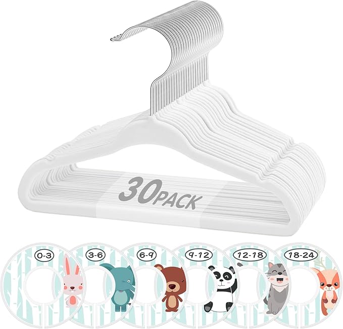 Baby Hangers, VIS'V 11 Inch White Velvet Kids Hangers with 6 Pcs Size Dividers Non Slip Nursery Children Closet Clothes Hangers for Infant Toddler Girls and Boys 30 Pcs