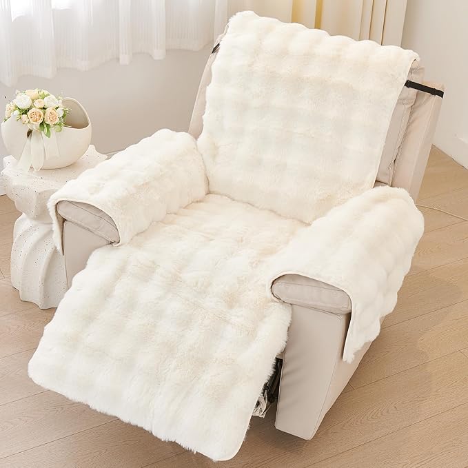 vctops Faux Fur Fluffy Recliner Chair Slipcover Faux Rabbit Fur Non Slip Sofa Cover Super Soft Plush Thick Couch Cover Furniture Protector with Elastic Straps for Kids, Dogs, Pets(Cream,24")