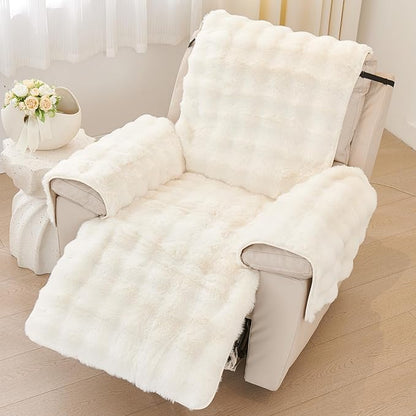 vctops Faux Fur Fluffy Recliner Chair Slipcover Faux Rabbit Fur Non Slip Sofa Cover Super Soft Plush Thick Couch Cover Furniture Protector with Elastic Straps for Kids, Dogs, Pets(Cream,24")