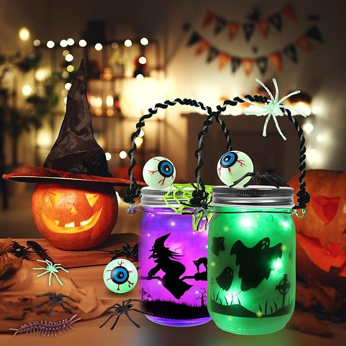 Halloween Crafts for Kids, 8 PCS Halloween Mason Jar with Accessories for DIY Craft, Halloween Art Party Favor Supplies, Halloween Decoration Trick or Treating, Classroom Halloween Art Activities