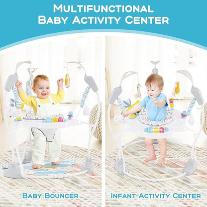 INFANS Baby Activity Center, 3 in 1 Play Center Jumpers and Bouncers with Music, Lights, Interactive Toys, 360°Rotating Seat, 3 Adjustable Heights, Exersaucer Learning Toys for Baby 6-12 Months (Blue)