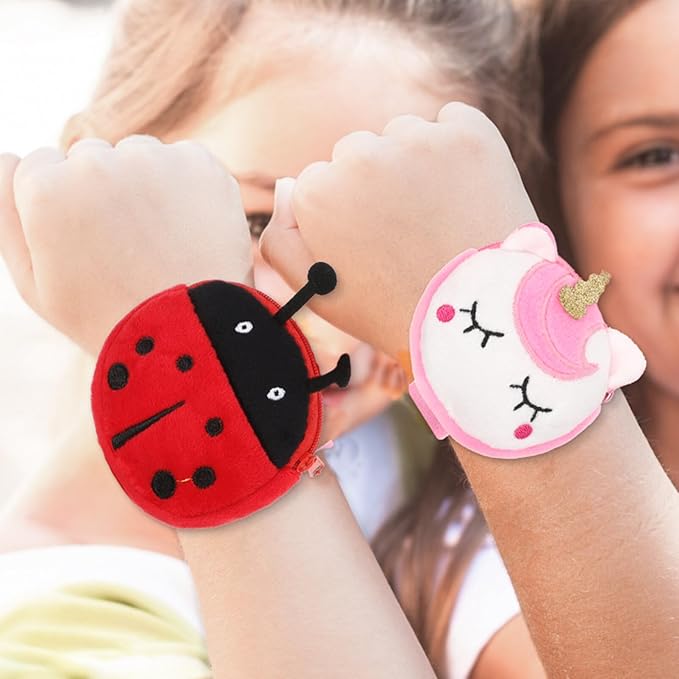 Abaodam 2Pcs Animal Slap Bracelet Coin Purse Ladybug Unicorn Slap Bracelet Plush Stuffed Animal Hugger Snap Wristband Wallet for Kids Birthday Party Plush Slap Bracelet