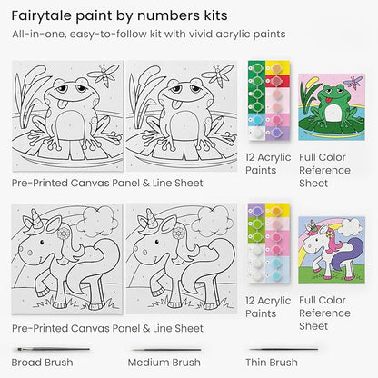 Arteza Kids Paint by Numbers Kit, 10" x 10", Pre-Printed Fairytale Canvas Painting Kit with 2 Canvases, 24 Acrylic Paint Pots, 3 Paintbrushes, Art Supplies for Developing Hand-Eye Coordination, Frog