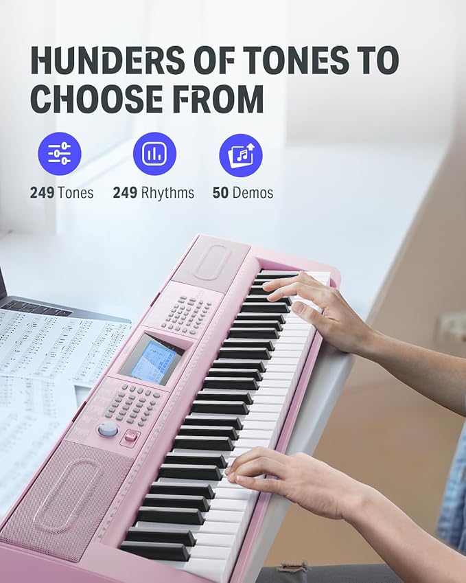 Donner 61 Key Keyboard Piano, Electric Piano Keyboard Kit with 249 Voices, 249 Rhythms - Includes Piano Stand, Stool, Microphone, Gift for Beginners, Pink (DEK-610S)