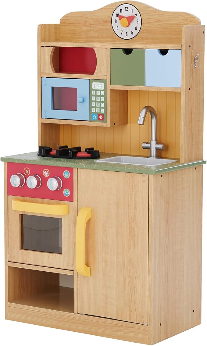 Teamson Kids Little Chef Florence Classic Interactive Wooden Play Kitchen with Accessories and Storage Space for Easy Clean Up, Wood Grain with Red and Yellow Accents