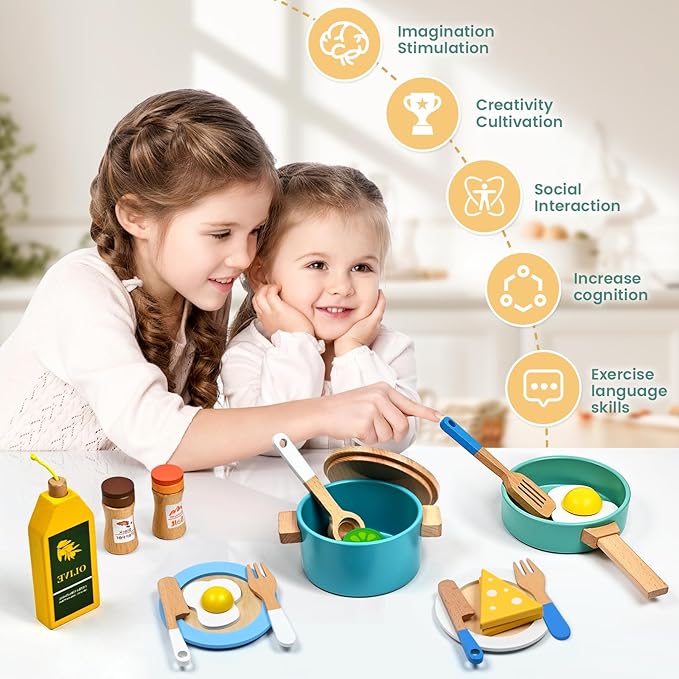 35 PCS Wooden Play Kitchen Accessories, Pretend Play Kitchen Toys for Kids Toddlers, Wooden Play Cooking Set Play Food Cookware Pots Pan Dishes, Gifts for Girls Boy 3 4 5 6 Years Old