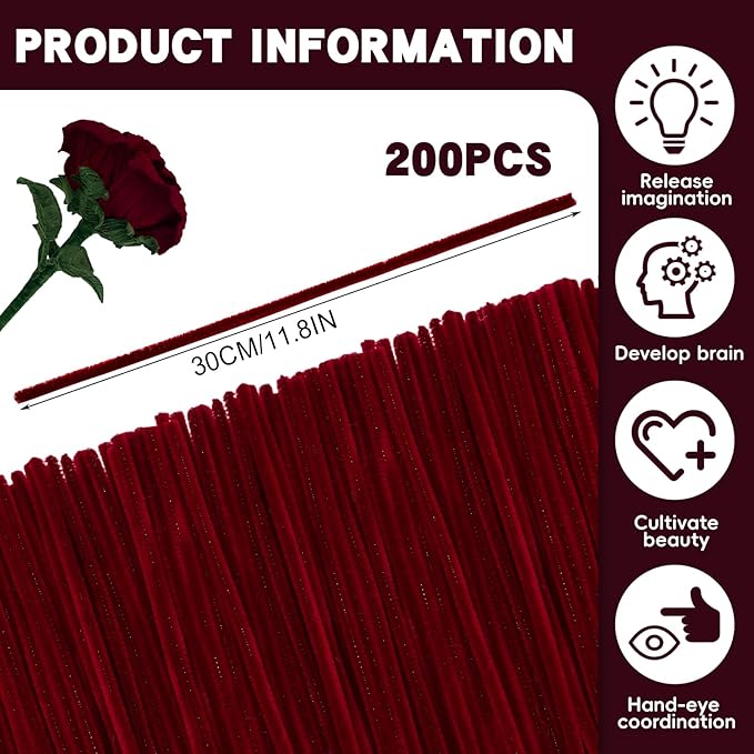 200 Pcs Pipe Cleaners Chenille Stems, Wine Red Pipe Cleaners, 11.8inch Long Craft Pipe Cleaner Bulk for Flowers Making, Mother’s Day DIY Art Crafts Decorations Supplies (Wine Red)