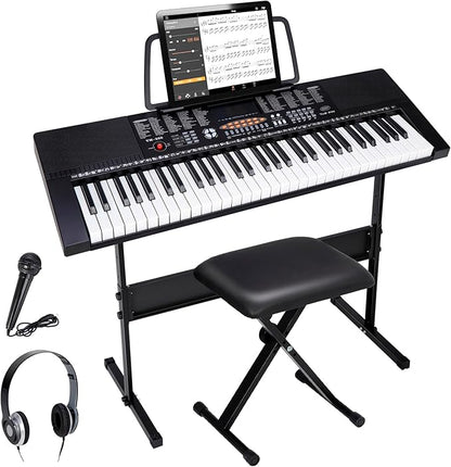 ZENY 61-Key Portable Electric Keyboard Piano with Built In Speakers, LED Screen, Headphones, Microphone, Piano Stand, Music Sheet Stand and Stool