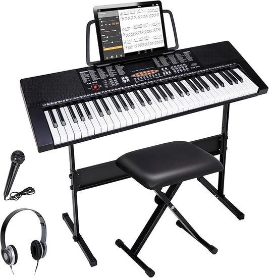 ZENY 61-Key Portable Electric Keyboard Piano with Built In Speakers, LED Screen, Headphones, Microphone, Piano Stand, Music Sheet Stand and Stool