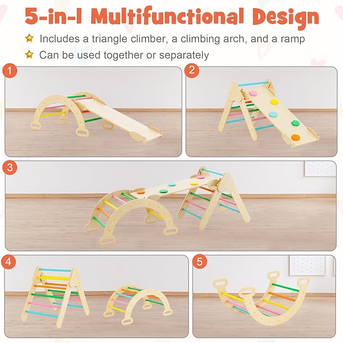 GLACER 5-in-1 Triangular Set of 3, Baby Climbing Toys w/Triangular Climber Arch Ramp Rocker, Indoor Outdoor Playground Wood Climbing Set, Early-Learning Montessori Toys (Colorful)