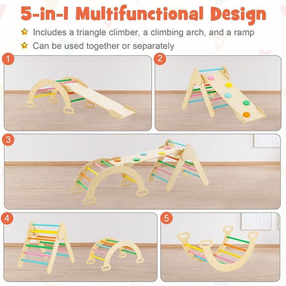 GLACER 5-in-1 Triangular Set of 3, Baby Climbing Toys w/Triangular Climber Arch Ramp Rocker, Indoor Outdoor Playground Wood Climbing Set, Early-Learning Montessori Toys (Colorful)