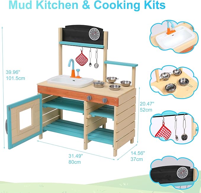Mud Kitchen for Kids Outdoor - Kids Outdoor Play Kitchen Playset with Cookware Accessories - Perfect for Chef Pretend Play