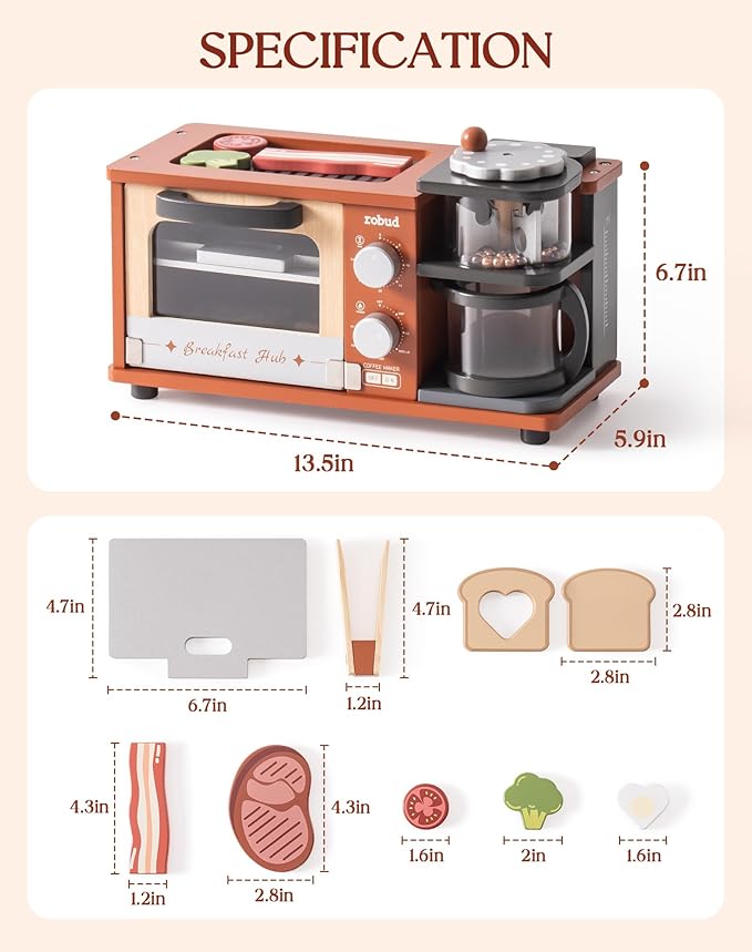 ROBUD Toddler Kitchen Playset - Wooden Breakfast Set with Coffee Maker, Toaster, Griddle, Play Food - Realistic Pretend Play Kitchen Appliance and Accessories for Kids Ages 3+ Boys and Girls (Caramel)