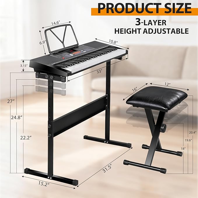 Smartxchoices 61-Key Electronic Keyboard Piano Stand Portable LED Display Keyboard Kit with Adjustable Stand, Adjustable Stool, Headphones, Microphone & Music Rest