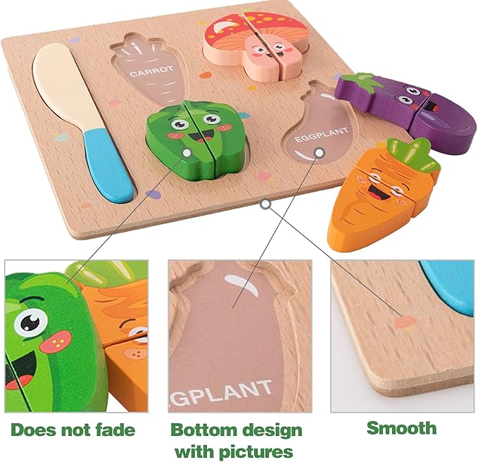 CUCOS Wooden Cutting Puzzles for Kids Ages 1-5 Years Old, Vegetable Toddler Puzzles, Learning Toys Educational Gift for Girls and Boys