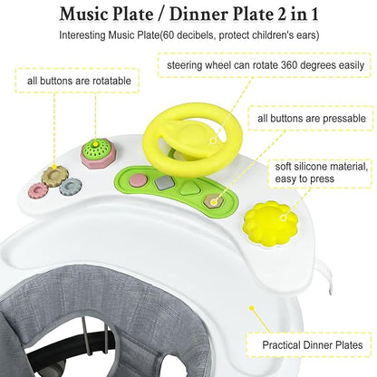 Foldable Baby Walker for Boys and Girls, 5-in-1 Baby Walker with Wheels, Adjustable Height Toddler Activity Walker with Music Tray, Detachable Seat and Mute Anti-Rollover Baby Walkers for 8-24 Months