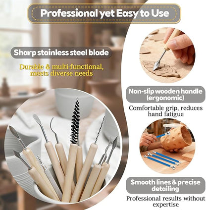 Pottery Clay Sculpting Tools Kit: 39Pcs Foam Clay for Stippling Carving Shaping Molding with Storage Bag - Air Dry Clay for Professional Polymer Artists Even Beginners