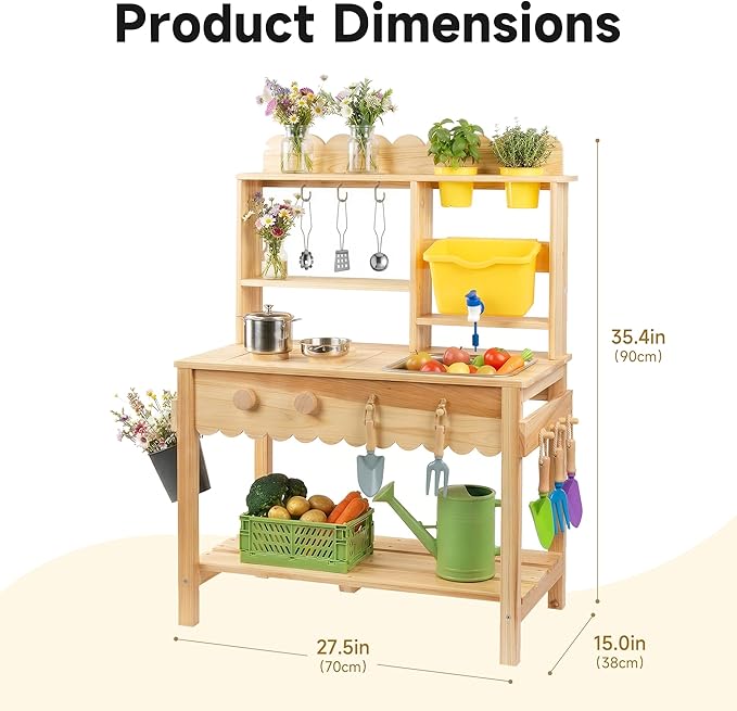 Wooden Mud Kitchen for Kids Outdoor - Play Kitchen with Real Running Water Sink & Removable Sink, 10-Piece Accessory Set with Stainless Steel Cookware & Planter Pots, Montessori Toy Gift for Ages 3+