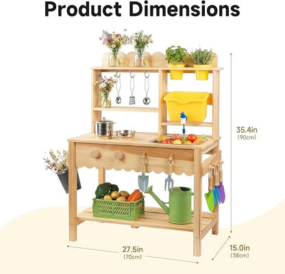 Wooden Mud Kitchen for Kids Outdoor - Play Kitchen with Real Running Water Sink & Removable Sink, 10-Piece Accessory Set with Stainless Steel Cookware & Planter Pots, Montessori Toy Gift for Ages 3+