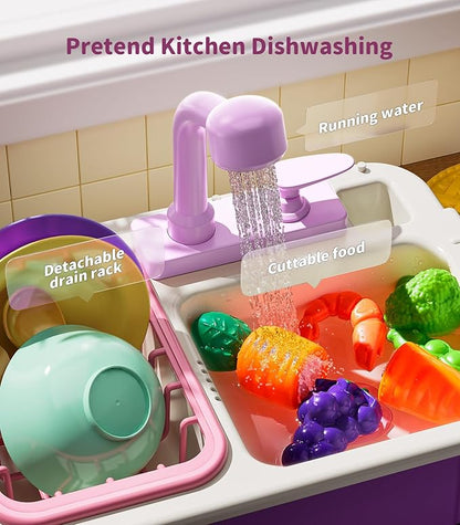 Geyiie Kitchen Sink Toy for Toddlers, Play Sink with Running Water, Upgraded Real Faucet, Dish Rack & Play Cutting Food, Kids Kitchen Sink Toy Gifts for 3 4 5 6 7 Years Old