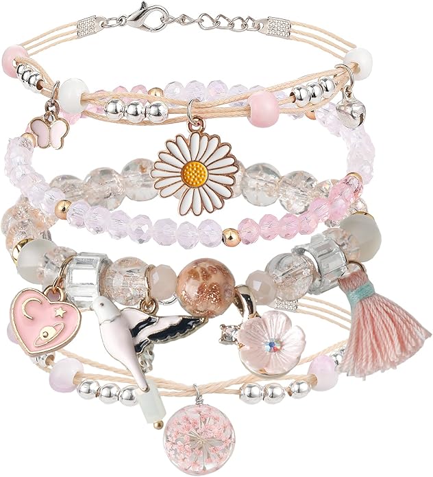 DS 4PCS Beaded Charm Bracelets for Teen Girls Dainty cute cartoon Crystal Beads Pearl Bracelets anklets set for woman and girls Adjustable Stretch bracelet birthday Gift For Friends