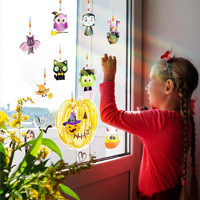 30 Set Halloween Glow in the Dark Suncatchers Kits Halloween Pumpkin Boo Bat Luminous DIY Suncatchers Crafts Make Your Own Suncatcher Paint Sun Catchers Ornaments for Halloween