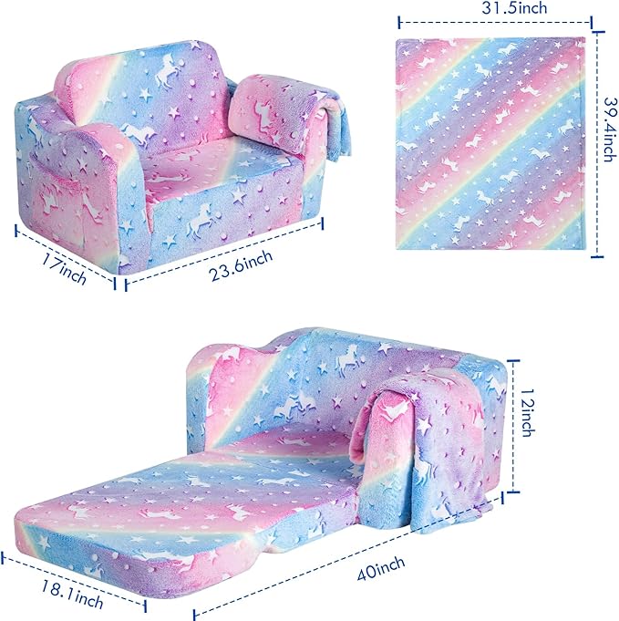 MeMoreCool Kids Fold-Out Couch, Convertible Glowing Rainbow Unicorn Flip Sofa Chair for Playroom, Toddler Lounger for Girls and Boys