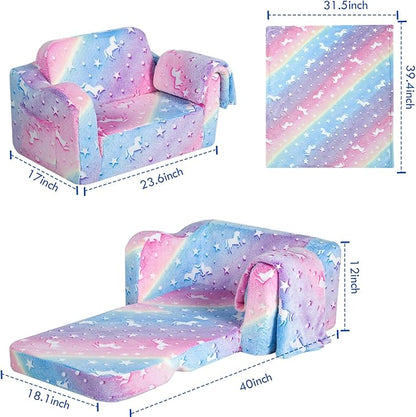 MeMoreCool Kids Fold-Out Couch, Convertible Glowing Rainbow Unicorn Flip Sofa Chair for Playroom, Toddler Lounger for Girls and Boys
