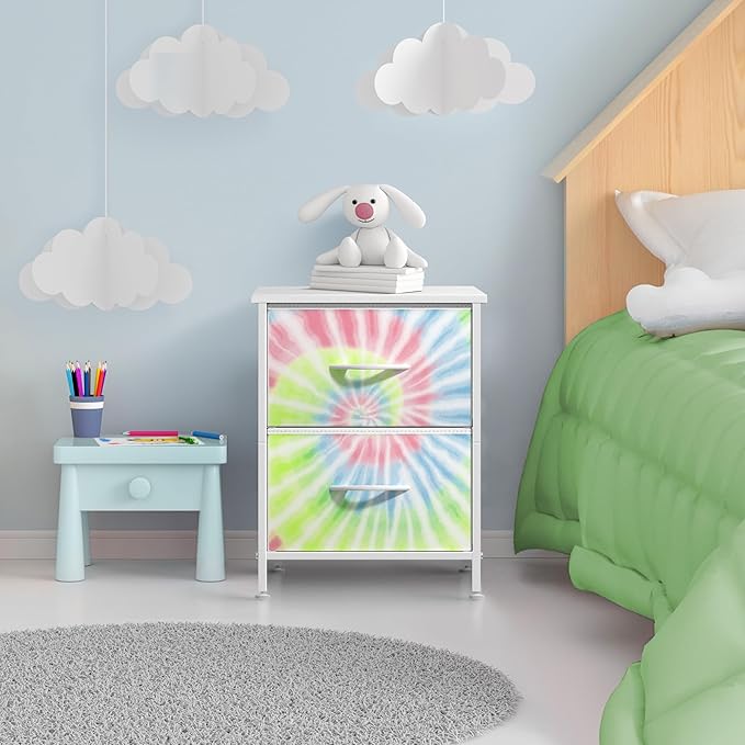 Sorbus Nightstand with 2 Drawers - Kids Bedside Furniture End Table Night Stand - Steel Frame, Wood Top & Easy Pull Fabric Bins - Dresser & Chest for Home, Bedroom Accessories, Office & College Dorm