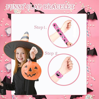 48 PCS Pink Halloween Slap Bracelets Party Favors, Bulk Snap Bracelet Party Favors Supplies for kids&teens Gifts Teacher Classroom School Prizes