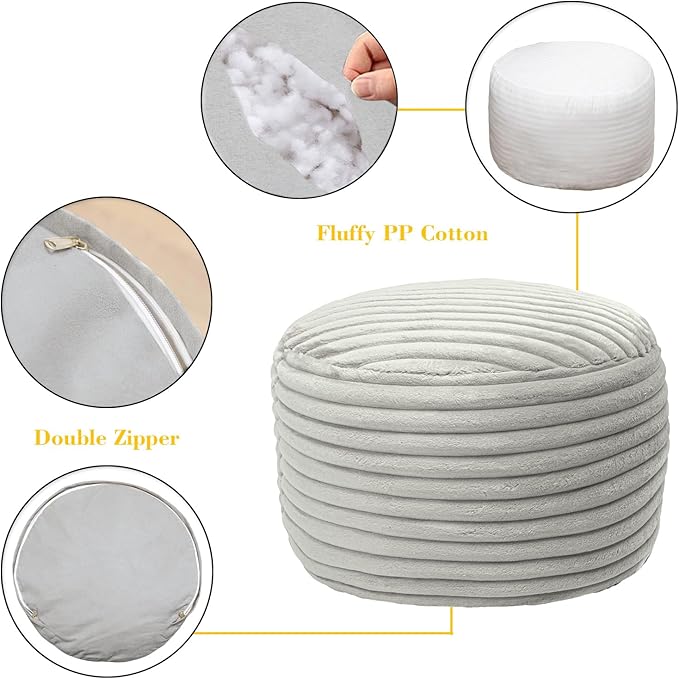 Round Stuffed Pouf Ottoman 20x20x12 Inches Faux Fur Ottoman Foot Rest Under Desk Foot Stool Great for Living Room Bedroom Small Furniture (Light Gray Pouf with Filler)