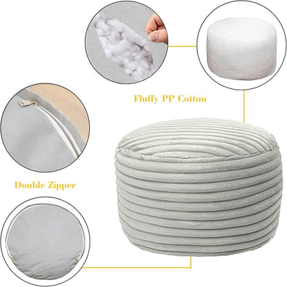 Round Stuffed Pouf Ottoman 20x20x12 Inches Faux Fur Ottoman Foot Rest Under Desk Foot Stool Great for Living Room Bedroom Small Furniture (Light Gray Pouf with Filler)