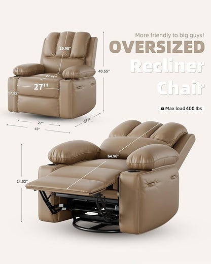 27'' Leather Recliner Chair Oversized, Overstuffed Manual Recliner Chair, Single Sofa for Adults, with Cup Holder and Side Pockets, for Living Rooms, Max Weight 400 lbs, Tan