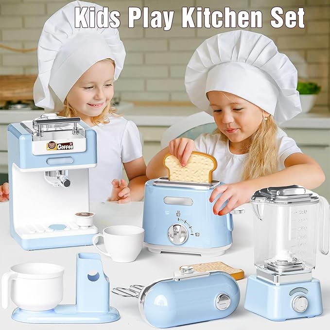 Pretend Play Kitchen Appliances Toy Set with Realistic Coffee Maker Machine, Toaster, Mixer and Blender, Kids Kitchen Playset with Sound & Light for Kids Age 3–5 4-8