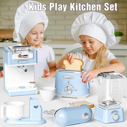 Pretend Play Kitchen Appliances Toy Set with Realistic Coffee Maker Machine, Toaster, Mixer and Blender, Kids Kitchen Playset with Sound & Light for Kids Age 3–5 4-8