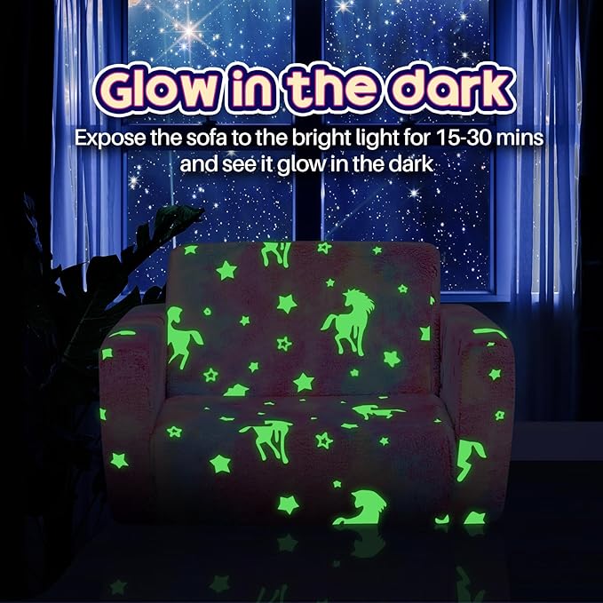 ALIMORDEN 2-in-1 Flip Out Cuddly Sherpa Toddler Couch, Convertible Sofa to Lounger,Glow-in-The-Dark Unicorn Pattern