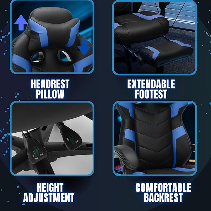 Gaming Chair High Back Ergonomic Racing Computer Desk with Comfortable Lumbar Support and Headrest Girl Gamer Height Adjustable