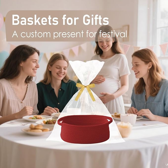 JMvicyroam Woven Basket,Small Rope Storage Bin with Handles & Ribbon Bag, Organizer for Shelves Closets,Gift Basket Empty for Birthday,Books,Dog Toys, Red/3 Pack
