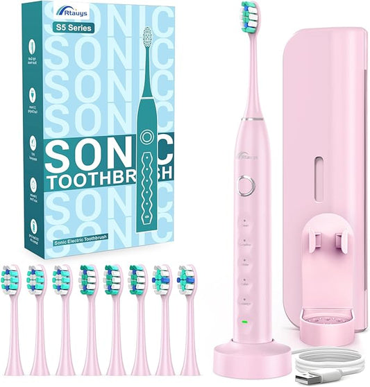 Rtauys Electric Toothbrush for Adults and Kids, Wireless Rechargeable Tooth Brush with 8 Replacement Heads, One Charge for 120 Days, 5 Modes Toothbrush with Travel Case, Pink