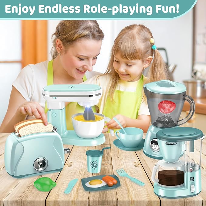 Shemira Play Kitchen Accessories, Pretend Kitchen Appliances Toy Set with Coffee Maker, Blender, Mixer, Toaster, Toys for 3 4 5 6 7 8 Year Old, Birthday Gifts for Kids Age 3-5 4-6 6-8 Girls