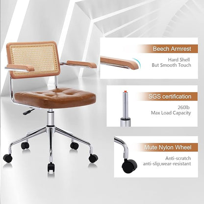 Zesthouse Modern Home Office Chair Leather Desk Chair with Natural Rattan Back, Vanity Chair for Girls Women, Upholstered Tufted Swivel Armchair, Height Adjustable Computer Task Chair