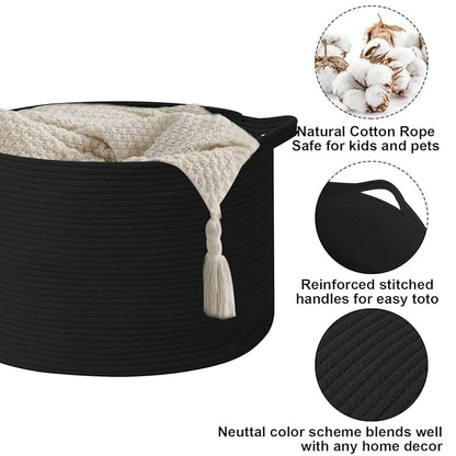 90L Large Blanket Basket,21.7"L x 21.7"W x 13.8"H Rope Woven Baskets with Handles, Toys Storage Bins,Laundry Basket Perfect for Living Room, Nursery,Bedroom,Home Organization,Black